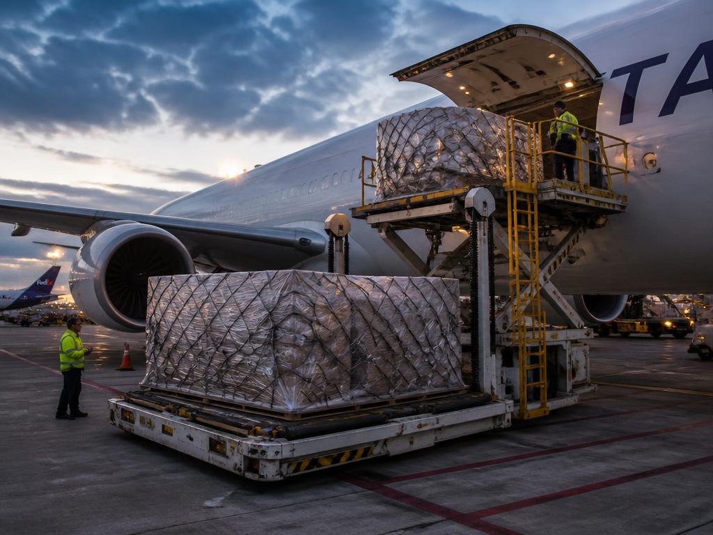 Carga aérea em pallets sendo embarcada em avião cargueiro